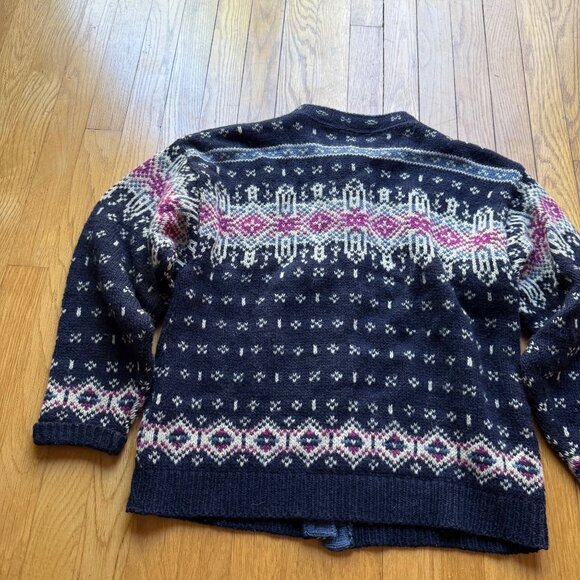 Vintage L.L. Bean Size M Navy Fair Isle Wool 90s Nordic Cardigan Sweater - Picture 14 of 15